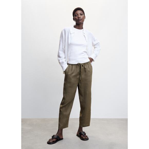 MANGO 100% Linen Pants - S Khaki - Picture 3 of 7